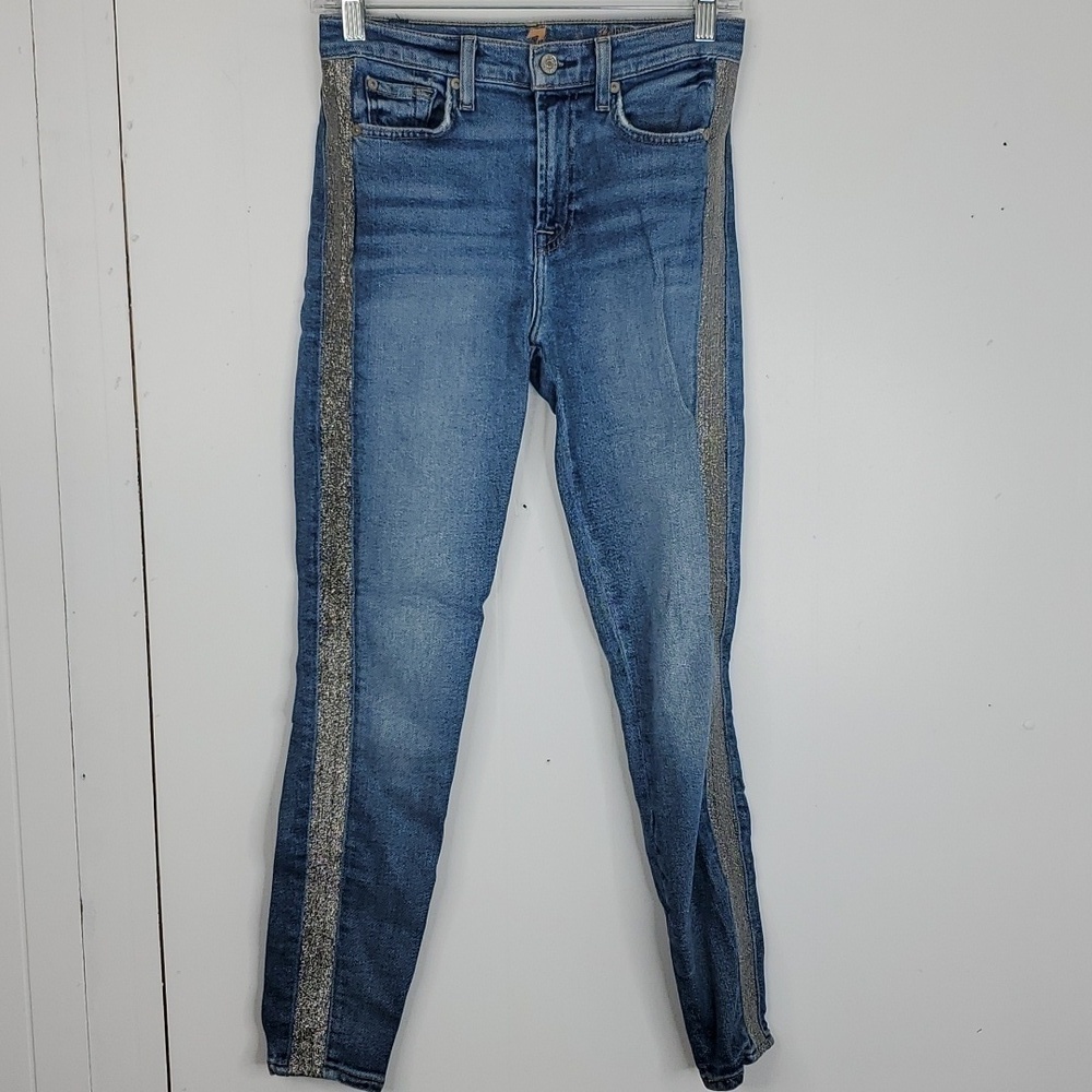 7Fam Luxe Vintage High Waist Ankle Skinny Jeans Metallic Side Stripe Womens 25 - Picture 1 of 12